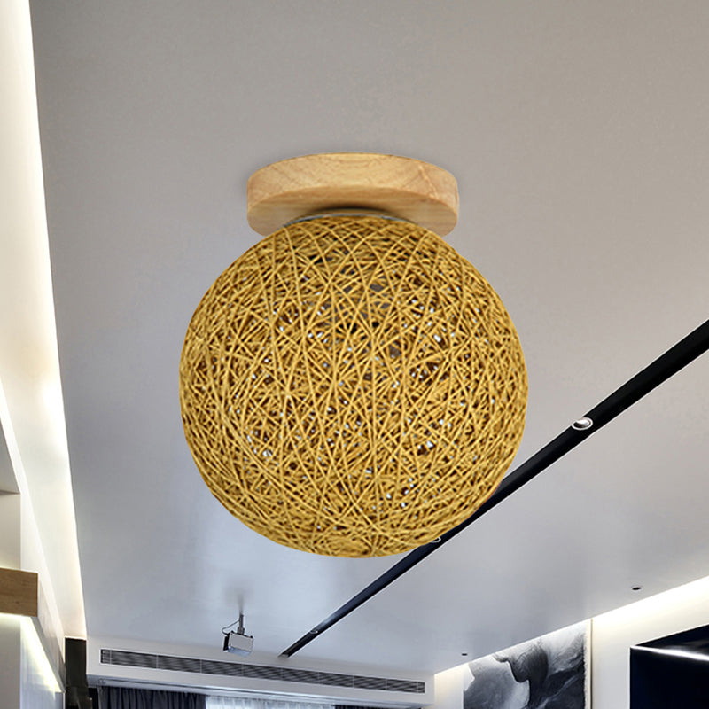 Modernist Rattan Ceiling Mount Light: Blue/Flaxen Globe Shade 6/8 Wide 1 Bulb Flush Lighting For