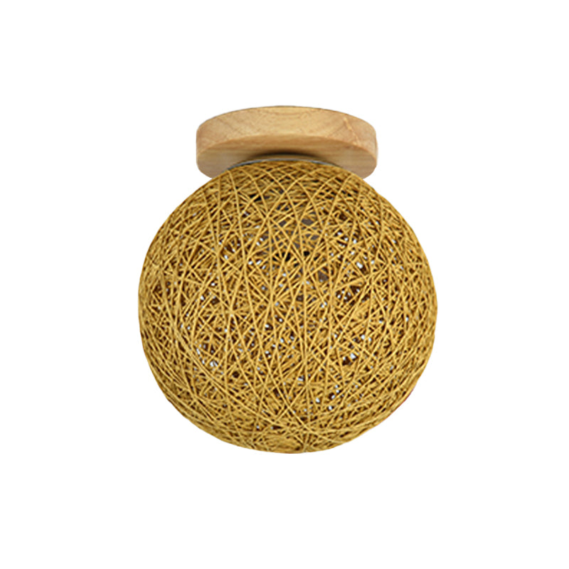 Modernist Rattan Ceiling Mount Light: Blue/Flaxen Globe Shade 6/8 Wide 1 Bulb Flush Lighting For