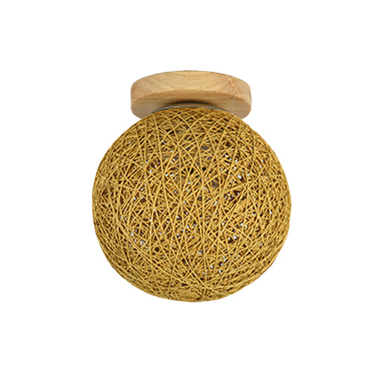 Modernist Rattan Ceiling Mount Light: Blue/Flaxen Globe Shade 6/8 Wide 1 Bulb Flush Lighting For