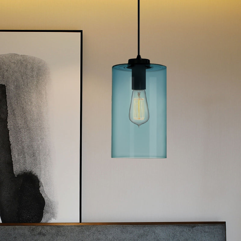 Modern 1 Light Blue Glass Pendant Lamp Black Ceiling