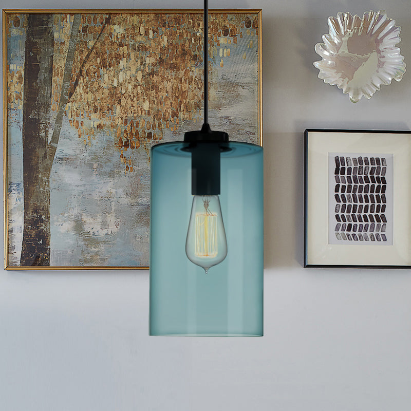 Modern Blue Glass Pendant Lamp With Black Global Shape - 1 Light Ceiling