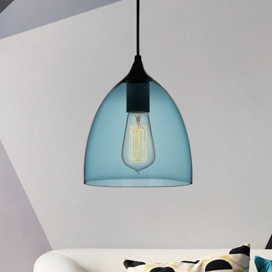 Modern Blue Glass Pendant Lamp With Black Global Shape - 1 Light Ceiling