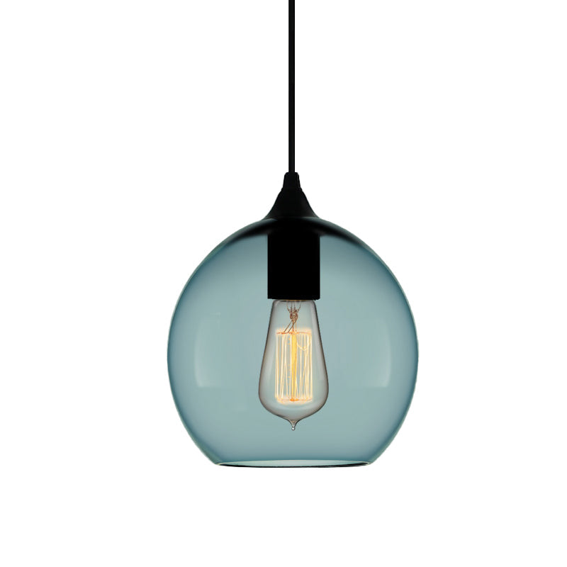 Modern Blue Glass Pendant Lamp With Black Global Shape - 1 Light Ceiling