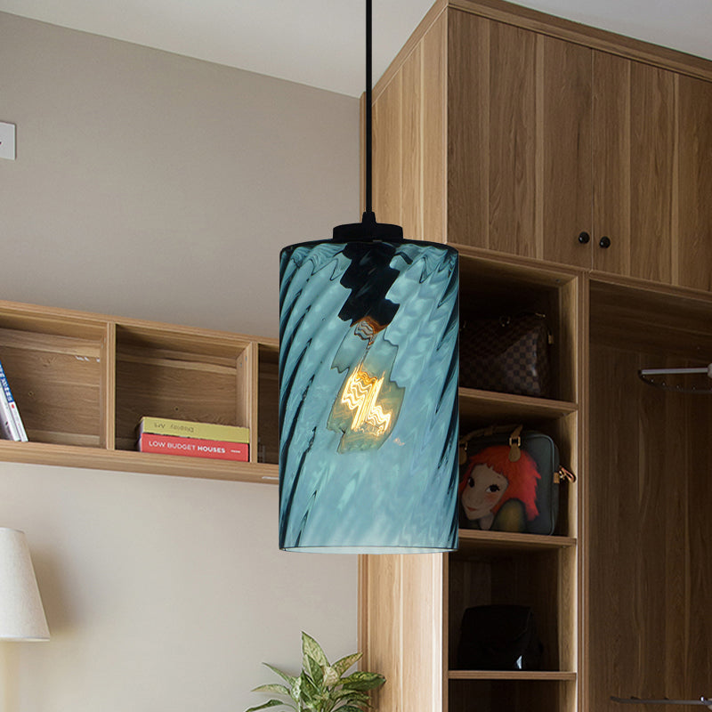 Modern Blue Glass Pendant Light With Unique Lattice Design And Black Ceiling Mount