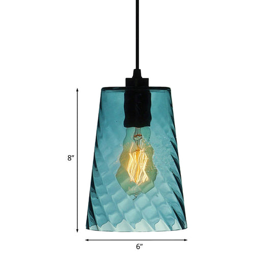 Modernist Blue Glass Pendant Light With Lattice Design And Ceiling Hung Suspension