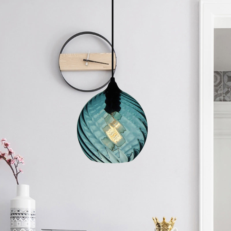Modern Blue Glass Pendant Light With Unique Lattice Design And Black Ceiling Mount