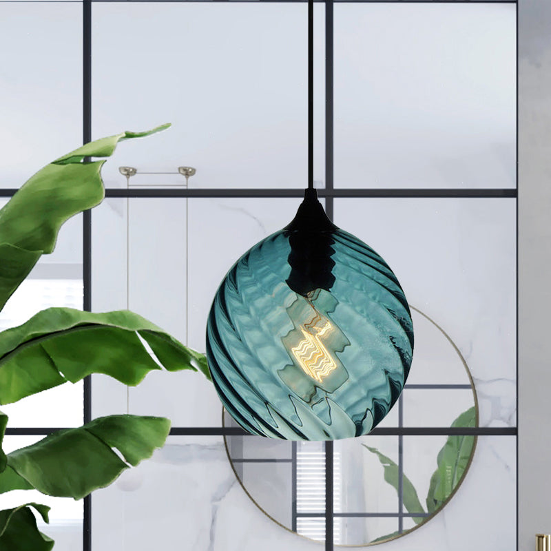 Modernist Blue Glass Pendant Light With Lattice Design And Ceiling Hung Suspension