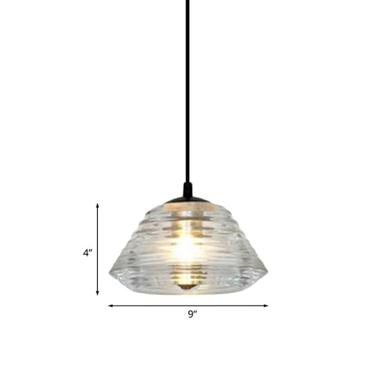 Modernist Clear Ruffle Glass Pendant Lamp - Cone/Dome/Flared Design 1-Light Black Ceiling Hanging
