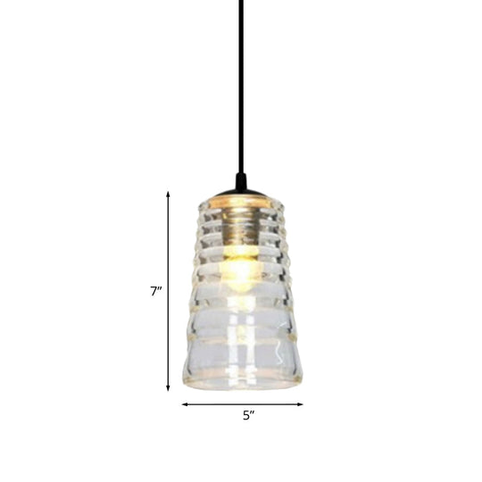 Modernist Clear Ruffle Glass Pendant Lamp - Cone/Dome/Flared Design 1-Light Black Ceiling Hanging