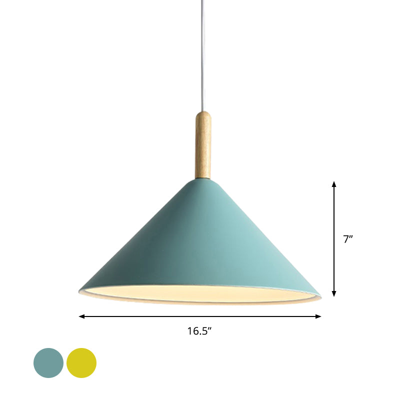 Modern Metal Cone Hanging Pendant Light 1-Light Yellow/Blue 12.5’/16.5’ Dia