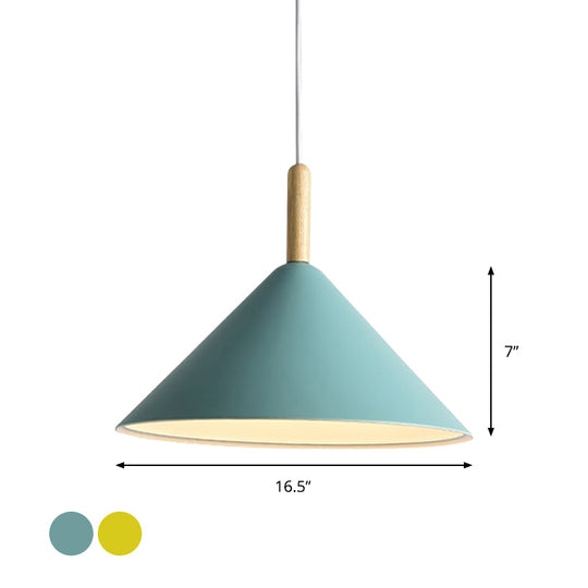 Modern Metal Cone Hanging Pendant Light 1-Light Yellow/Blue 12.5’/16.5’ Dia