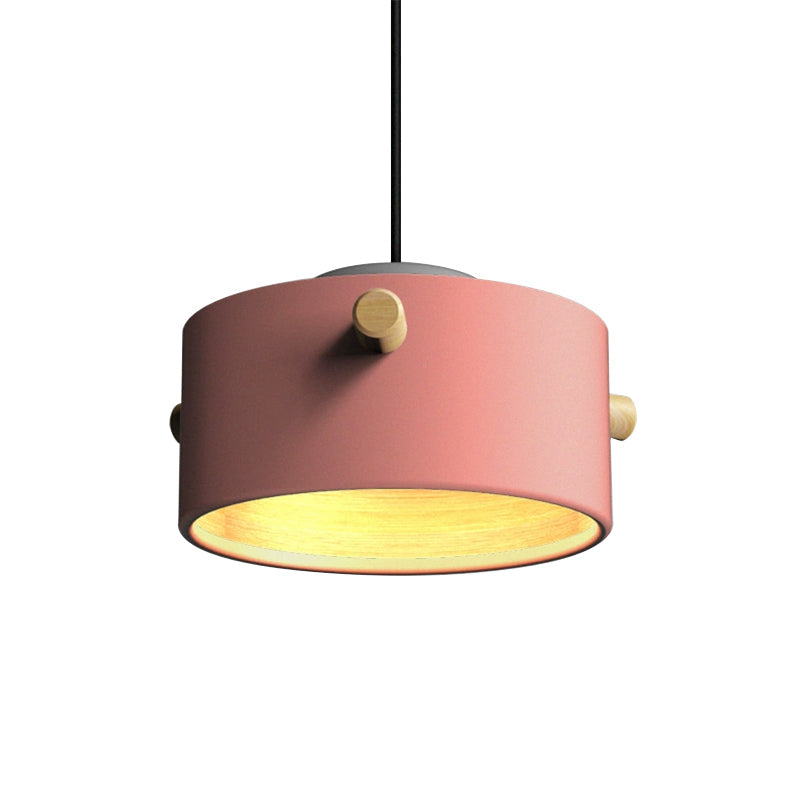 Modern 1 Light Metal Shade Hanging Pendant Green/Pink/White Cylinder Fixture Pink / A