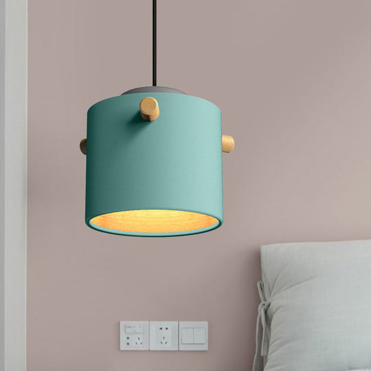 Modern 1 Light Metal Shade Hanging Pendant Green/Pink/White Cylinder Fixture Blue / B