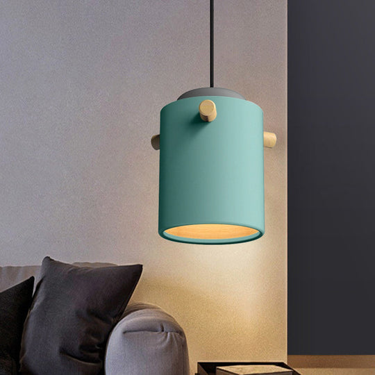 Modern 1 Light Metal Shade Hanging Pendant Green/Pink/White Cylinder Fixture Blue / C