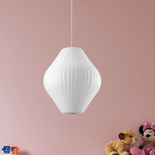 Contemporary White Hanging Light With Pear Fabric Shade - 1 Bulb Ceiling Pendant 12.5’/17’W