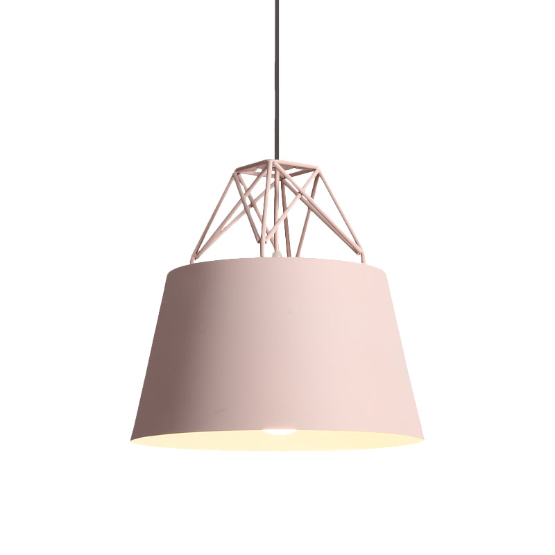 Metallic Bucket Shade Pendant Light - Restaurant Cage 1 Head Hanging Lamp With Iron Wire [Macaron