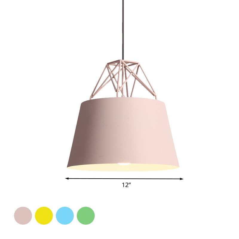 Metallic Bucket Shade Pendant Light - Restaurant Cage 1 Head Hanging Lamp With Iron Wire [Macaron