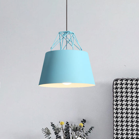 Metallic Bucket Shade Pendant Light - Restaurant Cage 1 Head Hanging Lamp With Iron Wire [Macaron