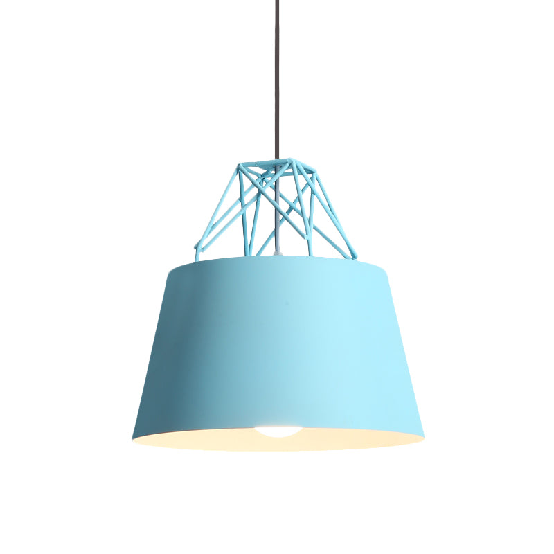Metallic Bucket Shade Pendant Light - Restaurant Cage 1 Head Hanging Lamp With Iron Wire [Macaron