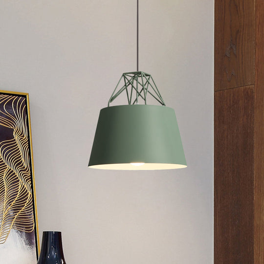 Metallic Bucket Shade Pendant Light - Restaurant Cage 1 Head Hanging Lamp With Iron Wire [Macaron