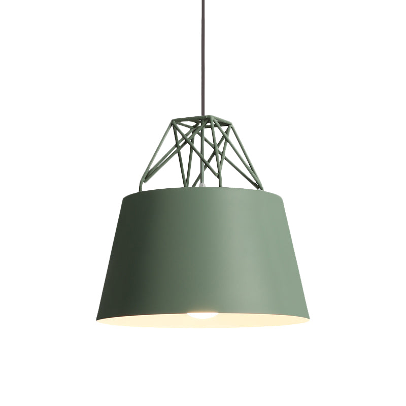 Macaron Style Cage Pendant Light With Metallic Bucket Shade For Restaurants - 1 Head Hanging Lamp