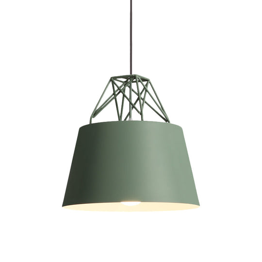 Macaron Style Cage Pendant Light With Metallic Bucket Shade For Restaurants - 1 Head Hanging Lamp