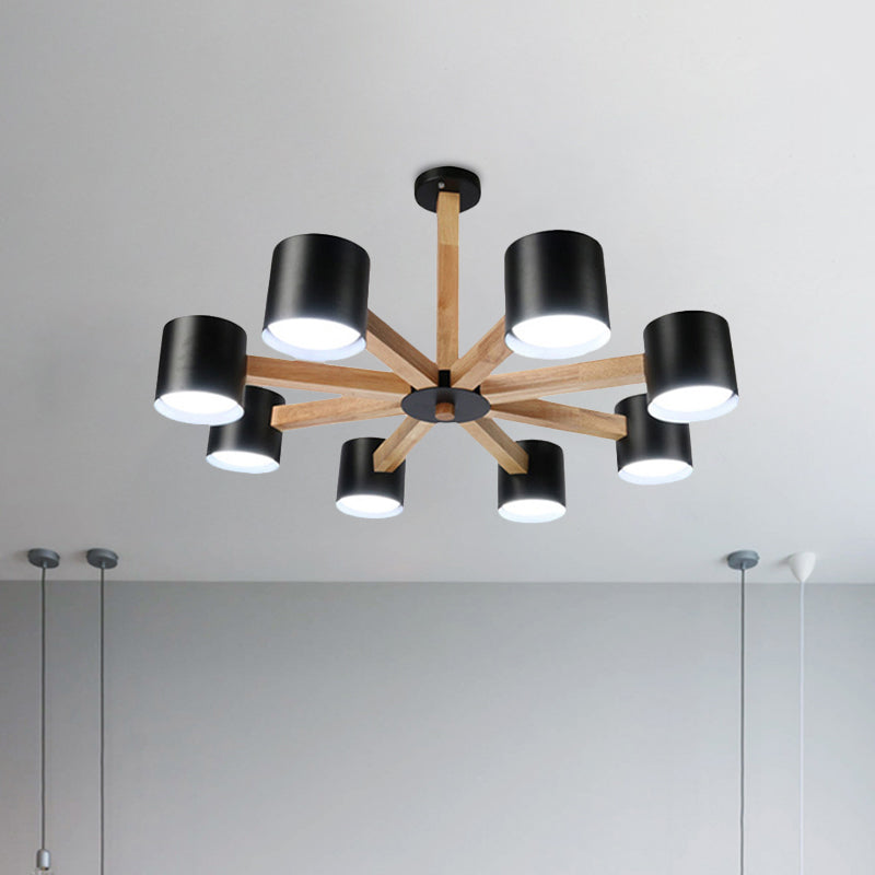 Wood & Iron Nordic Pendant Light With Drum Shade For Study Room In Black/White