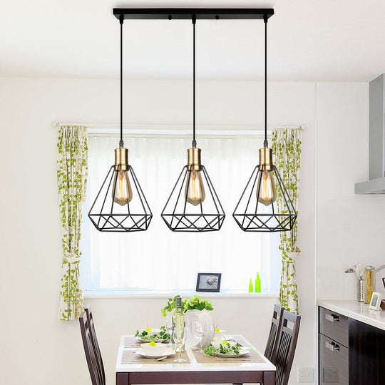 Brass Farmhouse Hanging Lamp With Teardrop Cage Shade And 3 Suspended Bulbs