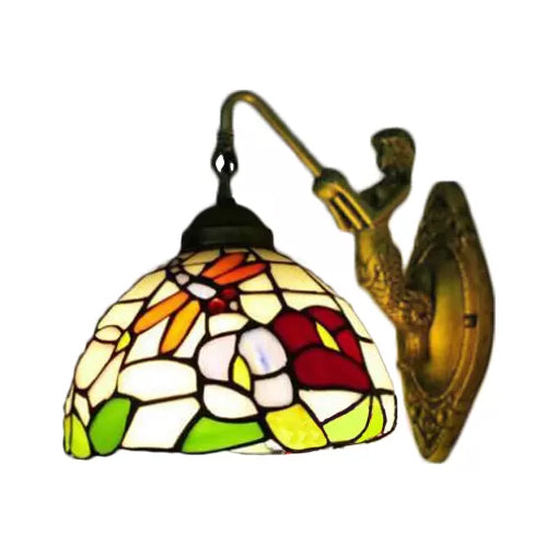 Dome Baroque Stained Glass Wall Light Fixture - Bronze Sconce With Elegant Flower/Dragonfly/Morning