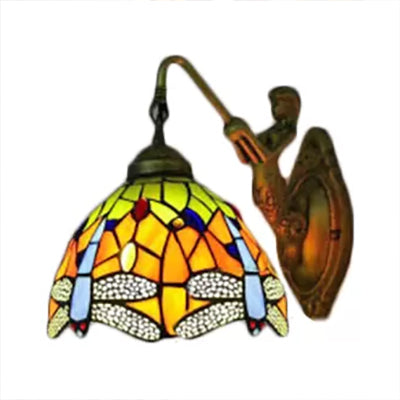 Dome Baroque Stained Glass Wall Light Fixture - Bronze Sconce With Elegant Flower/Dragonfly/Morning
