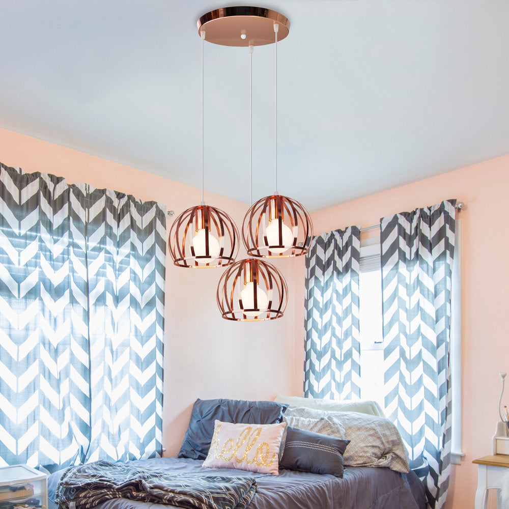 Copper Industrial Pendant Lamp With 3 Metal Dome Shades And Wire Cage - Perfect For Living Room