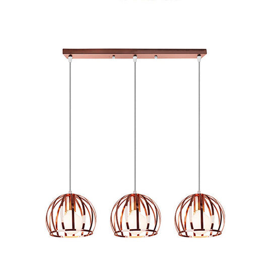 Industrial Copper Domed Metal Hanging Lamp With Wire Cage Shade - 3 Heads Ceiling Pendant For Living