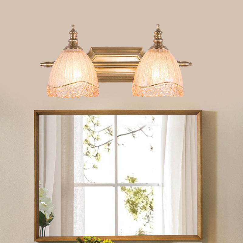Traditional Carved Glass Brass Wall Sconce Lamp With 2 Vanity Lights For Bathroom