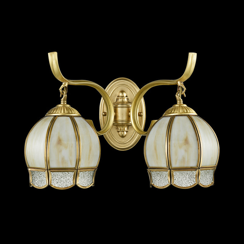 Traditional Tan Glass Brass Finish Sconce Light With Swirl Arm