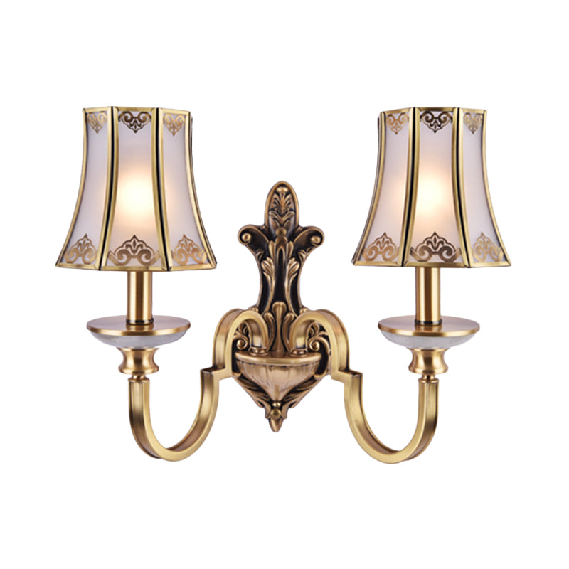 Colonial Style 1/2 Heads Flared Glass Wall Lamp In Brass - Lighting Fixture
