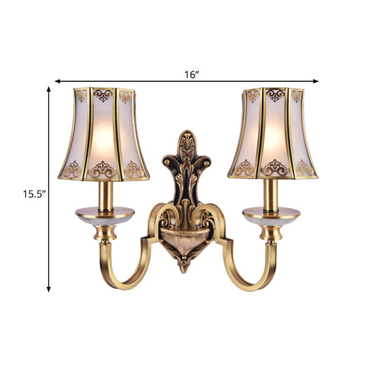 Colonial Style 1/2 Heads Flared Glass Wall Lamp In Brass - Lighting Fixture