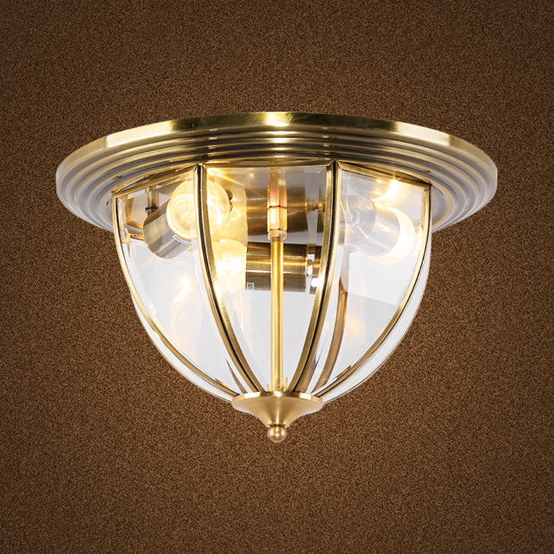 Colonial Style Brass Flushmount Lighting With Clear Glass Dome For Kitchen
