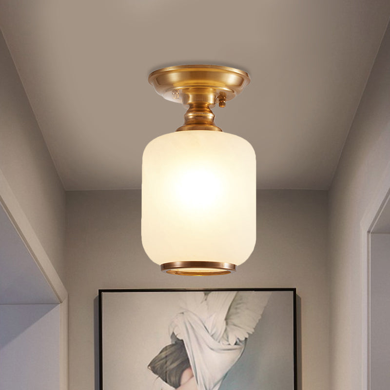 Vintage Corridor Flush Light With Opal Glass Shade In Brass
