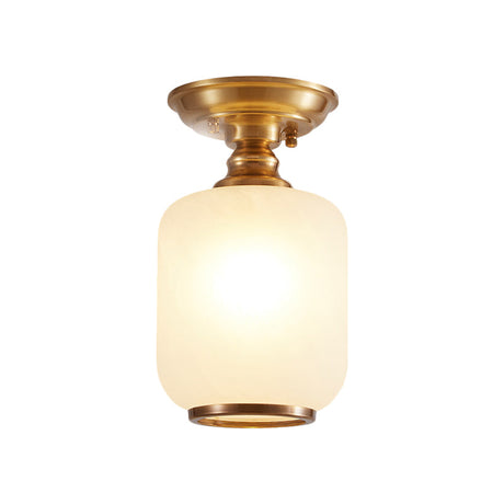 Vintage Corridor Flush Light With Opal Glass Shade In Brass