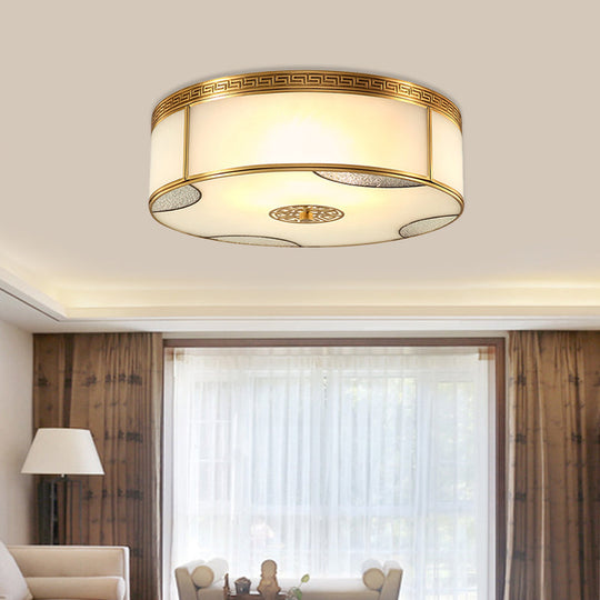 Traditional Brass Flush Mount Drum Ceiling Light With Frosted Glass - 14/18 Wide 3/4-Light Fixture