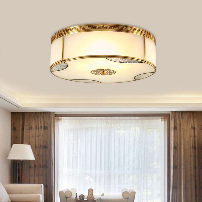 Traditional Brass Flush Mount Drum Ceiling Light With Frosted Glass - 14’/18’ Wide 3/4 - Light