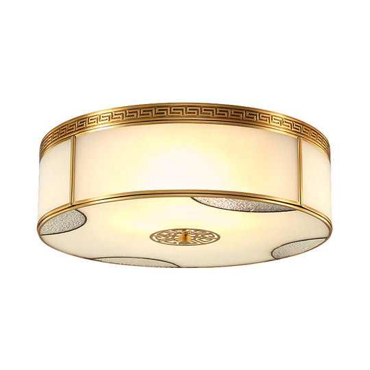 Traditional Brass Flush Mount Drum Ceiling Light With Frosted Glass - 14/18 Wide 3/4-Light Fixture