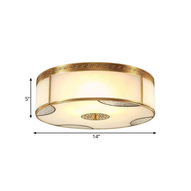 Traditional Brass Flush Mount Drum Ceiling Light With Frosted Glass - 14’/18’ Wide 3/4 - Light