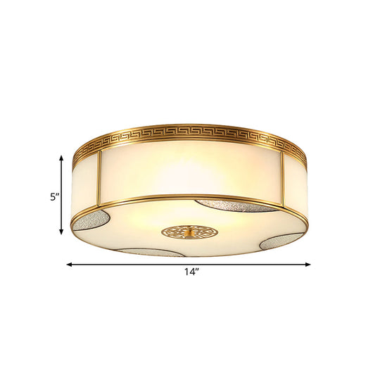Traditional Brass Flush Mount Drum Ceiling Light With Frosted Glass - 14’/18’ Wide 3/4 - Light