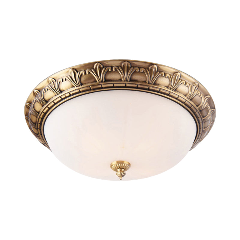 Colonial Style Brass Finish Flush Mount Ceiling Light 2/3/4 Heads White Frosted Glass 12/16/19.5