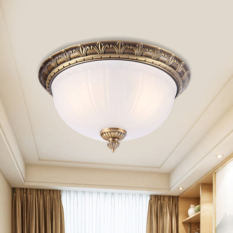 Colonial Style Brass Finish Flush Mount Ceiling Light 2/3/4 Heads White Frosted Glass 12/16/19.5
