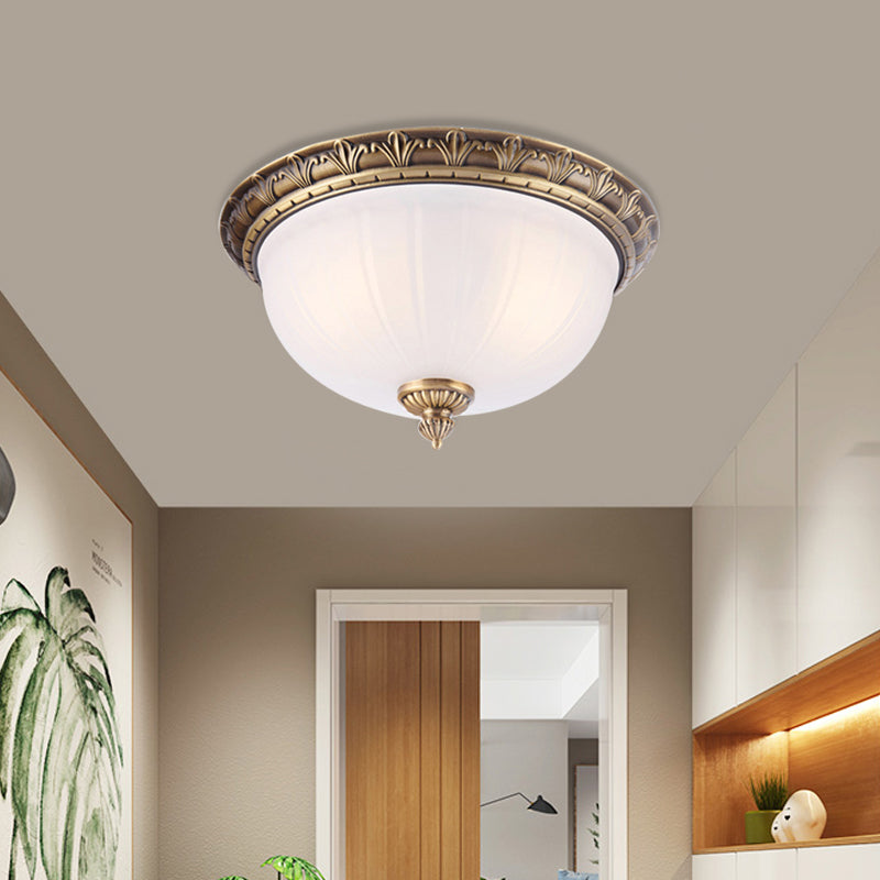 Colonial Style Brass Finish Flush Mount Ceiling Light 2/3/4 Heads White Frosted Glass 12/16/19.5