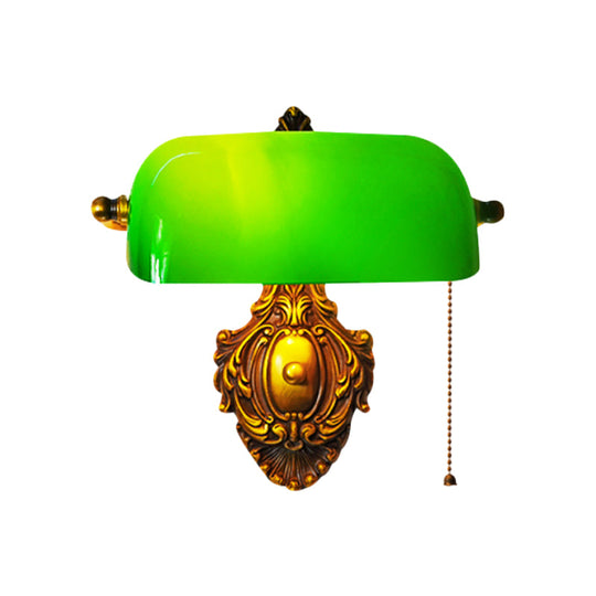 Retro Green Glass Wall Sconce With Pull Chain And Adjustable Joint For Bedroom