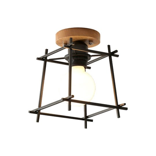 Modern Black Flush Mount Ceiling Lamp With Circle Metal/Wood Canopy