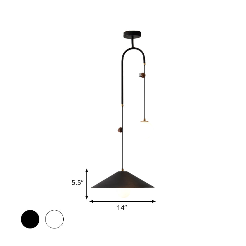 Opal Glass Multi Light Pendant Lamp With Iron Shade - Modern 2 Bulbs White/Black 10’/14’ Wide
